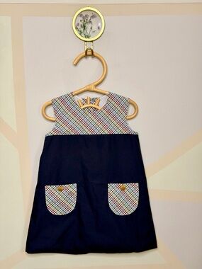 The Beaufort Bonnet Company Navy Dress with Multicolor Plaid Yoke and Pockets